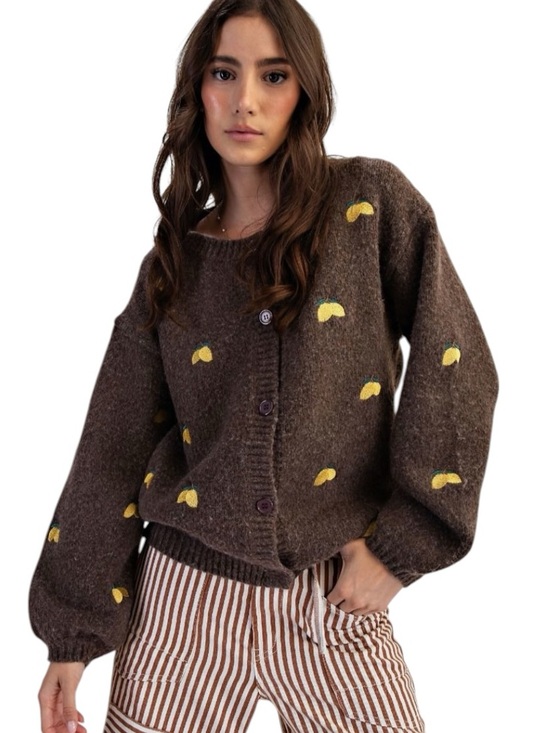 easel Sweaters - 938:  EASEL NWT EMBROIDERED SWEATER CARDIGAN DARK BROWN (GC)